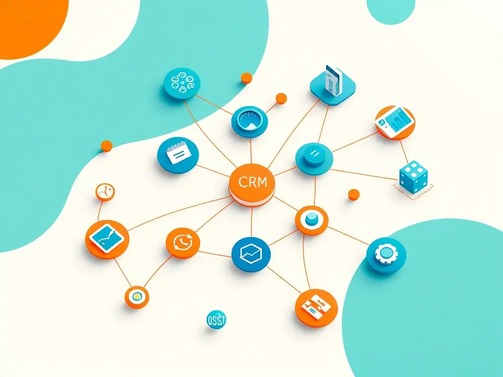 A high-angle shot of a complex network diagram illustrating the seamless integration of various marketing technology tools, such as CRM, marketing automation, and analytics platforms, with data flowing smoothly between them, symbolizing efficient data management and optimized workflows.