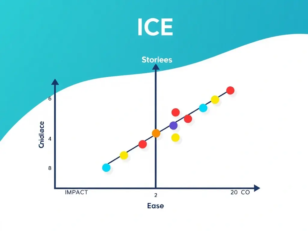 A digital illustration depicting the ICE scoring matrix, with Impact, Confidence, and Ease axes, and various growth ideas plotted on the matrix based on their scores.