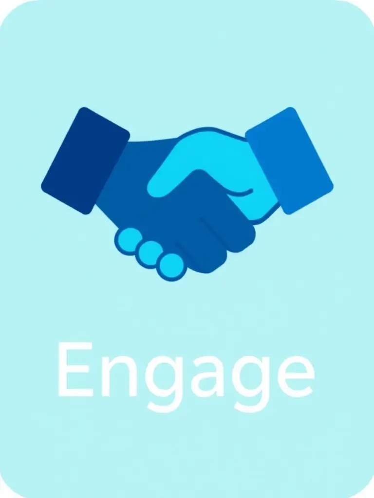 A stylized icon representing 'Engage'. The icon should be modern and abstract, suggesting connection and interaction. The background is a clean, light teal.
