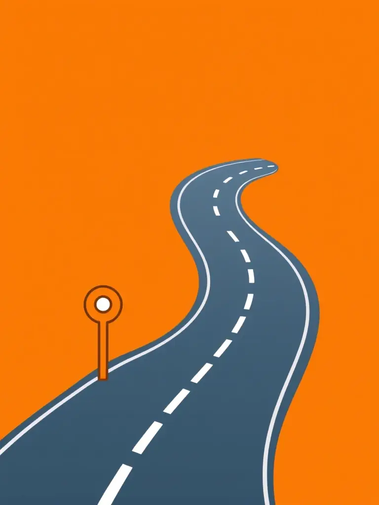 A minimalist line icon representing customer journey mapping, such as a winding road with milestones, set against an energetic orange background, symbolizing GTM Stack's customer-centric approach.