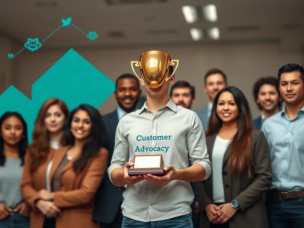 An icon showing a group of people with one person highlighted, holding a trophy, symbolizing customer advocacy and its recognition.