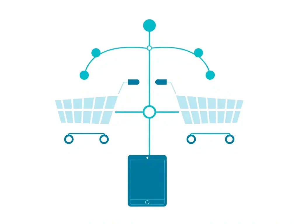 A stylized icon representing interconnected shopping carts and mobile devices, symbolizing omnichannel marketing in the retail sector. The icon should have a modern, clean design with teal and blue accents.