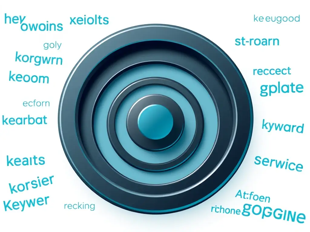 A stylized icon representing a target with keywords around it, symbolizing keyword research for a B2B SaaS company.