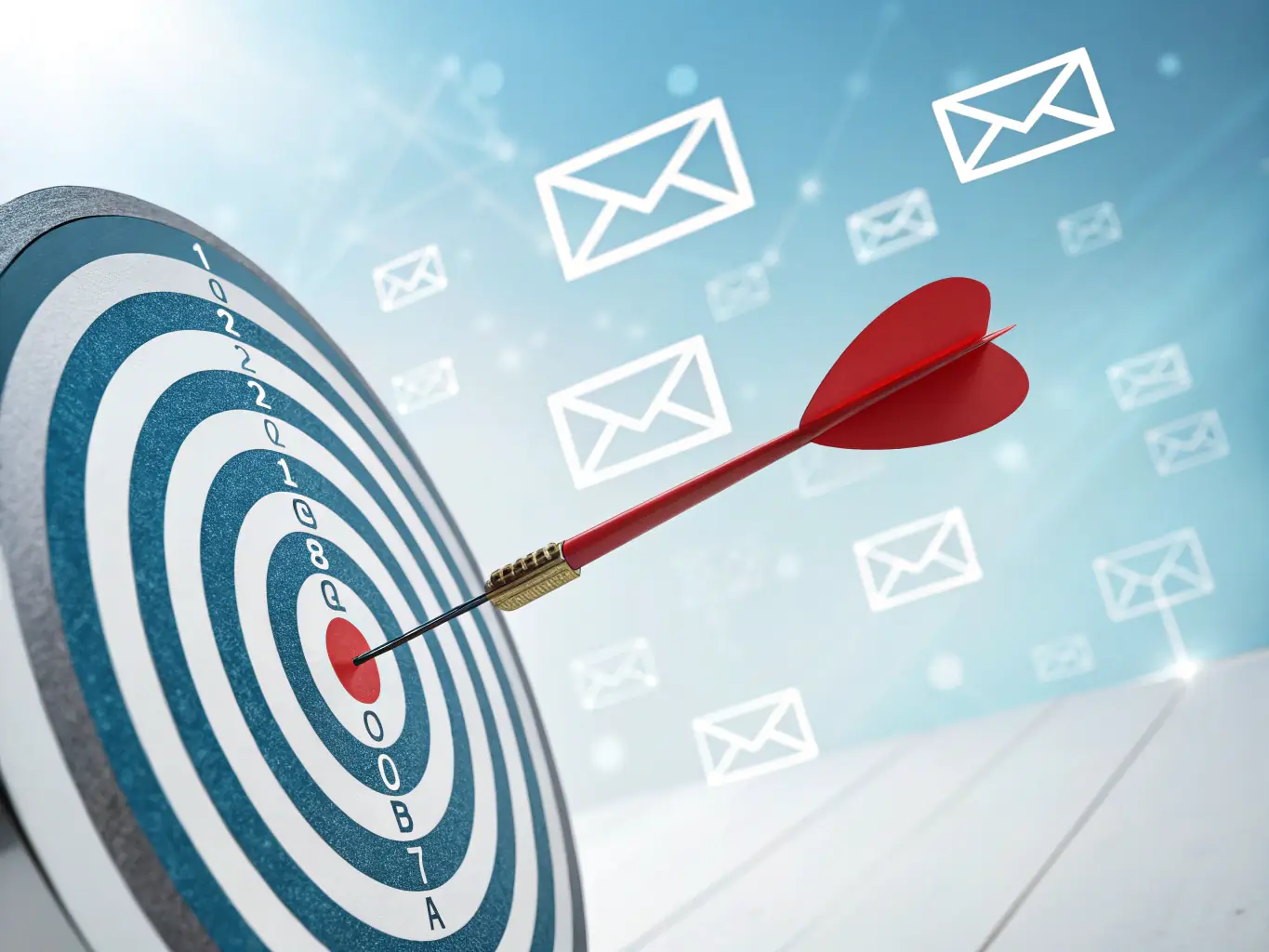 A digital illustration of a target with multiple arrows hitting the bullseye, representing account-based marketing success in the telecom sector. The color palette includes teal and deep blue.