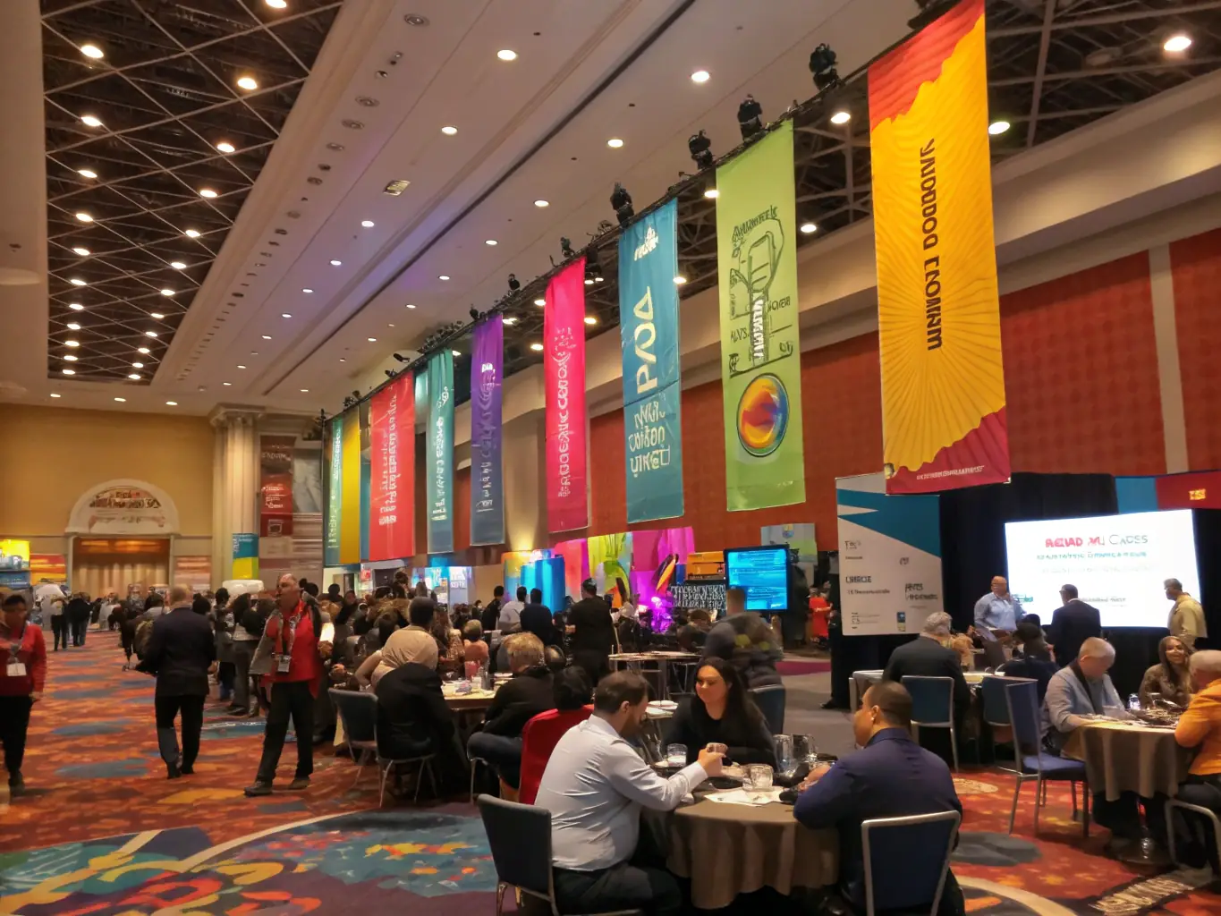 A photograph depicting a bustling conference hall with various booths and attendees actively engaging in conversations and product demonstrations, capturing the vibrant atmosphere of a trade show.