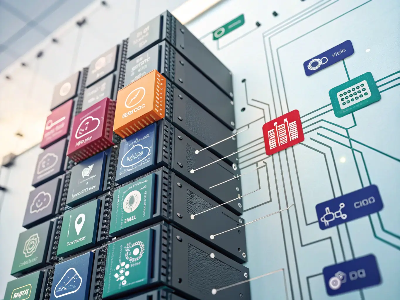 A stylized icon representing a tech stack, with interconnected layers symbolizing different marketing technologies working together seamlessly.