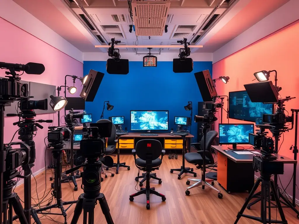 A dynamic image of a video production setup, featuring professional lighting, camera equipment, and a screen displaying engaging B2B SaaS content, highlighting the impact of video marketing.