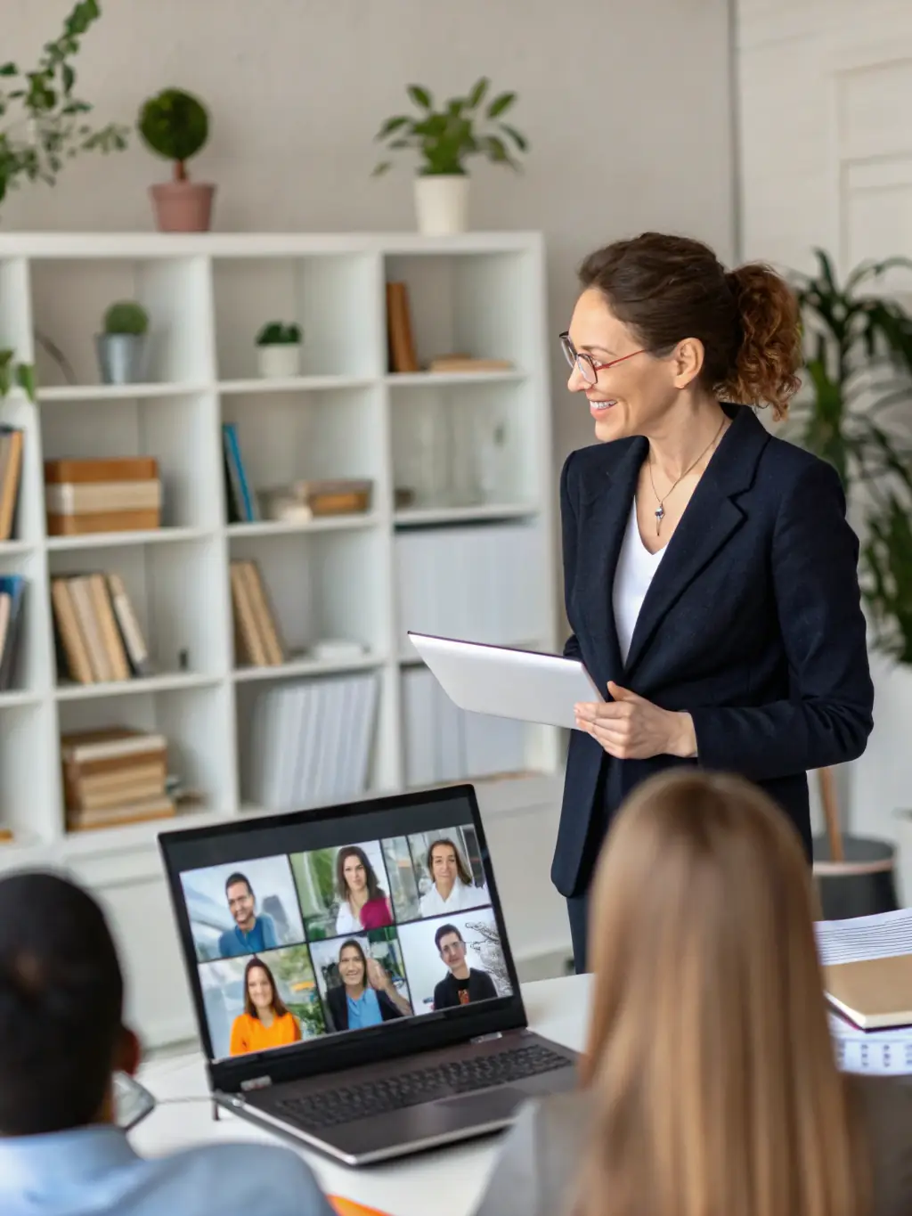 A professional image depicting a webinar setup, with presenters engaging with an online audience, showcasing the interactive and informative nature of webinars.