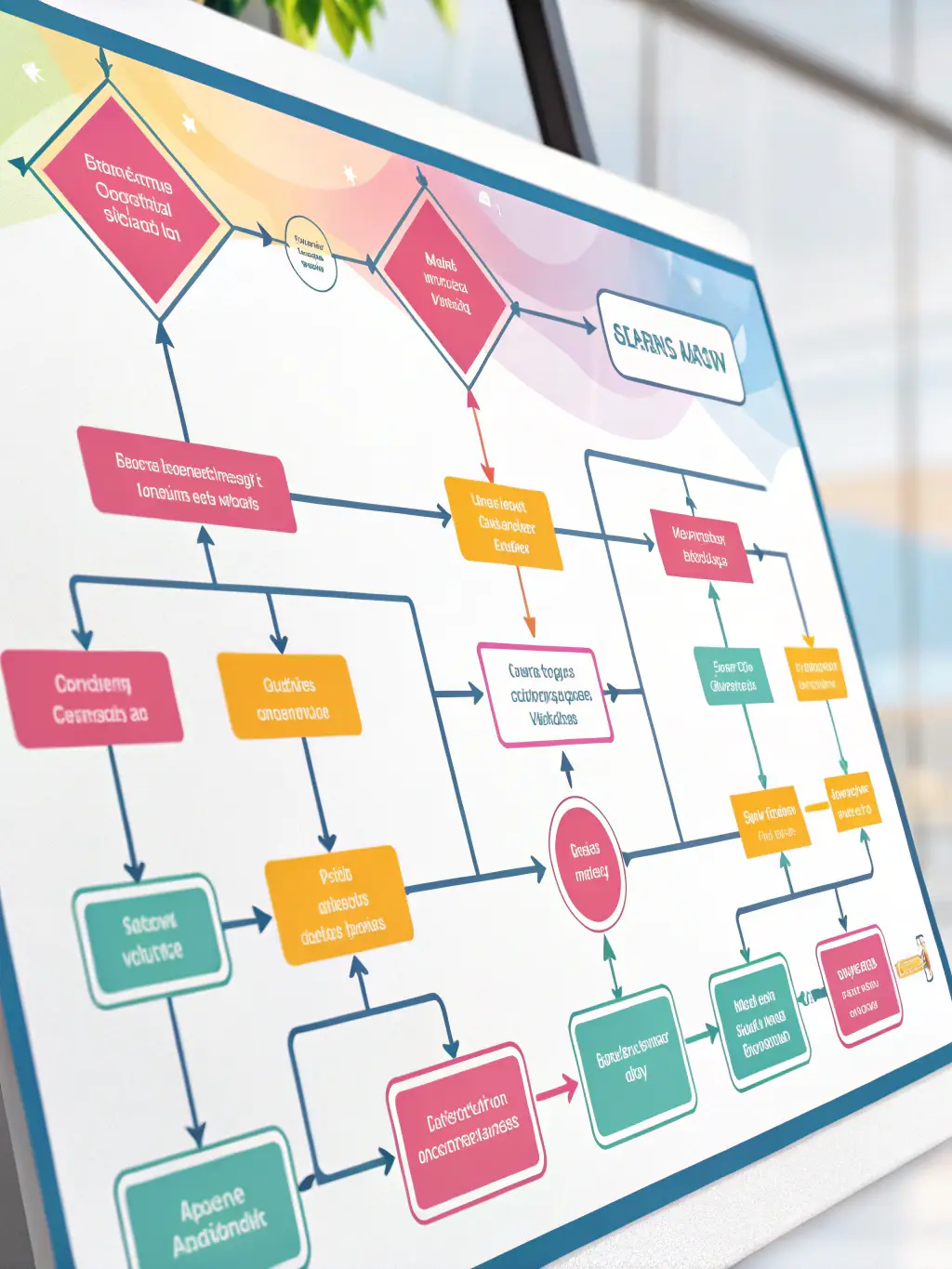 An abstract flowchart illustrating the strategic planning process for SaaS go-to-market architecture, representing GTM Stack's Strategic Go-To-Market Architecture service.