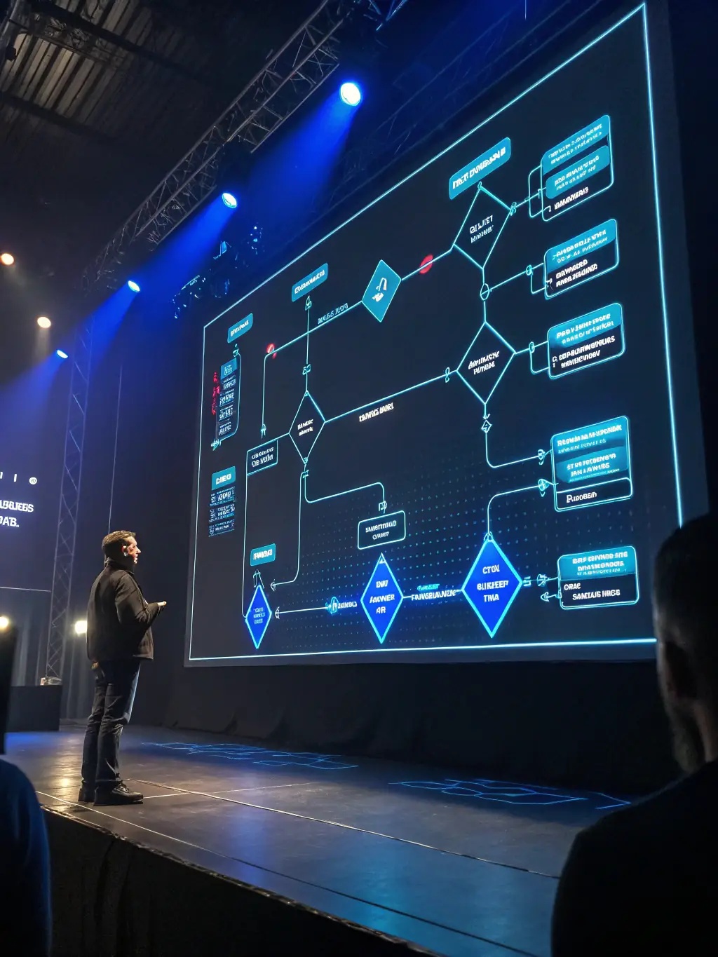 A flowchart diagram illustrating the steps involved in a scalable AI rollout, including data integration, model training, and performance monitoring, using teal and blue accent colors.