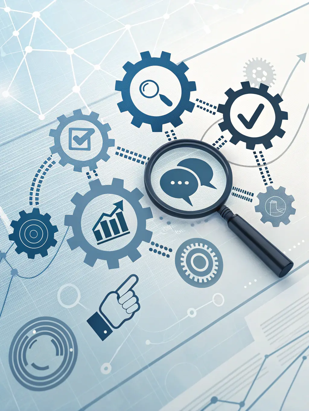 A visual audit icon, showing a magnifying glass inspecting various customer touchpoints like email, website, and support interactions, representing GTM Stack's touchpoint audit service.