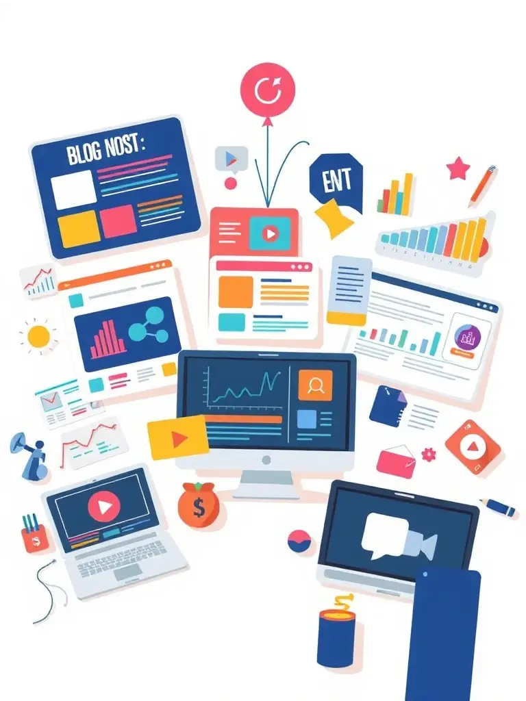 An icon showing various content formats (blog, video, podcast) converging, symbolizing multi-format content execution.