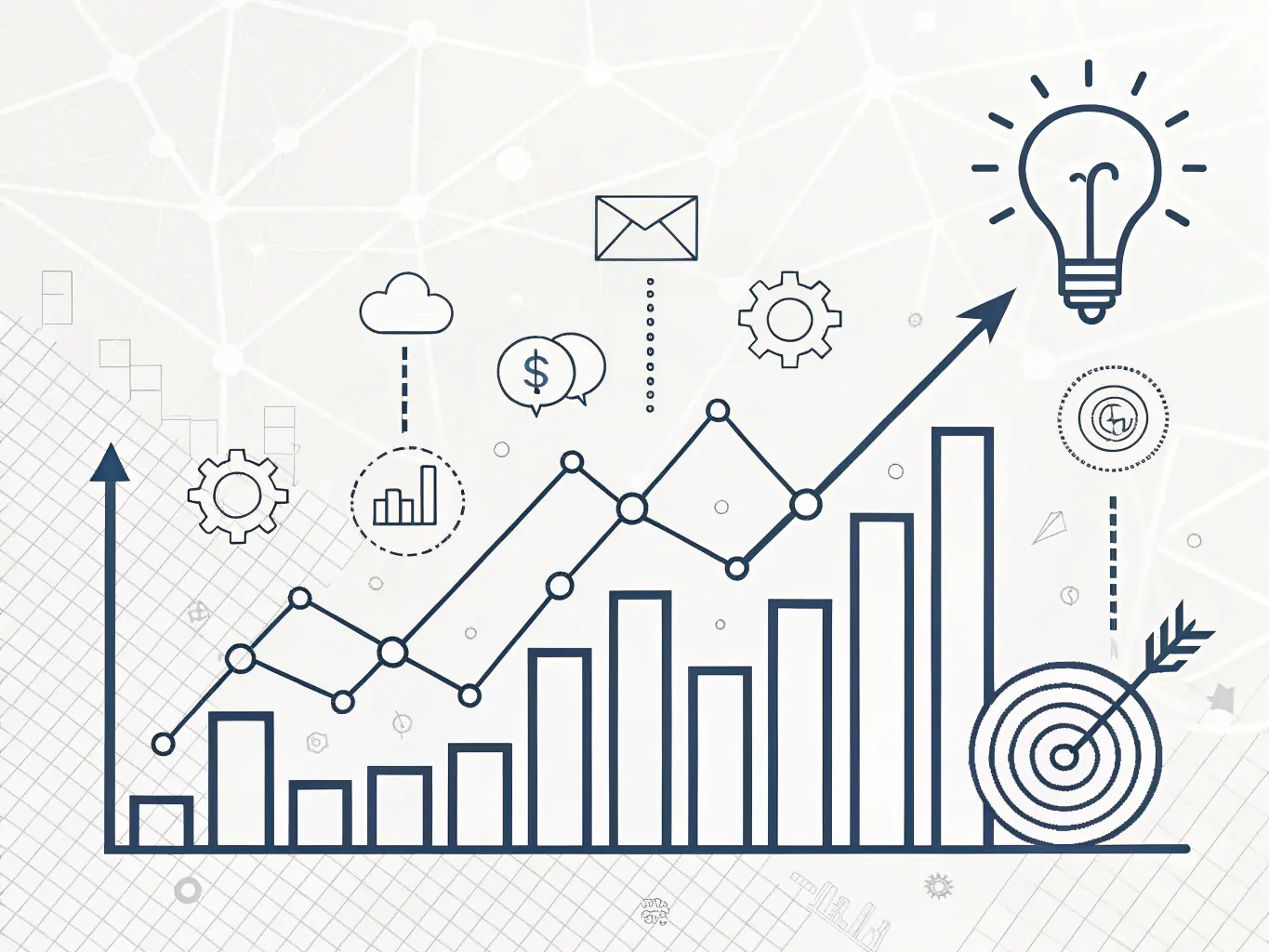 A stylized icon representing event strategy and ROI, showing a graph trending upwards with a target symbol at the peak, symbolizing achieving event goals and maximizing return on investment.
