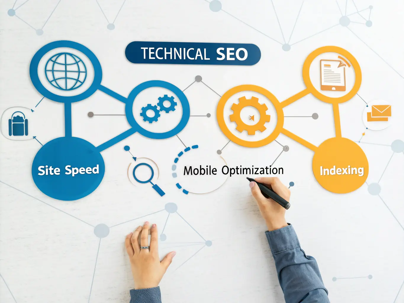 A visually engaging diagram representing the 'Technical' pillar of SEO. The image should depict elements like site architecture, page speed optimization, schema markup, and mobile-friendliness, all interconnected to form a strong foundation.