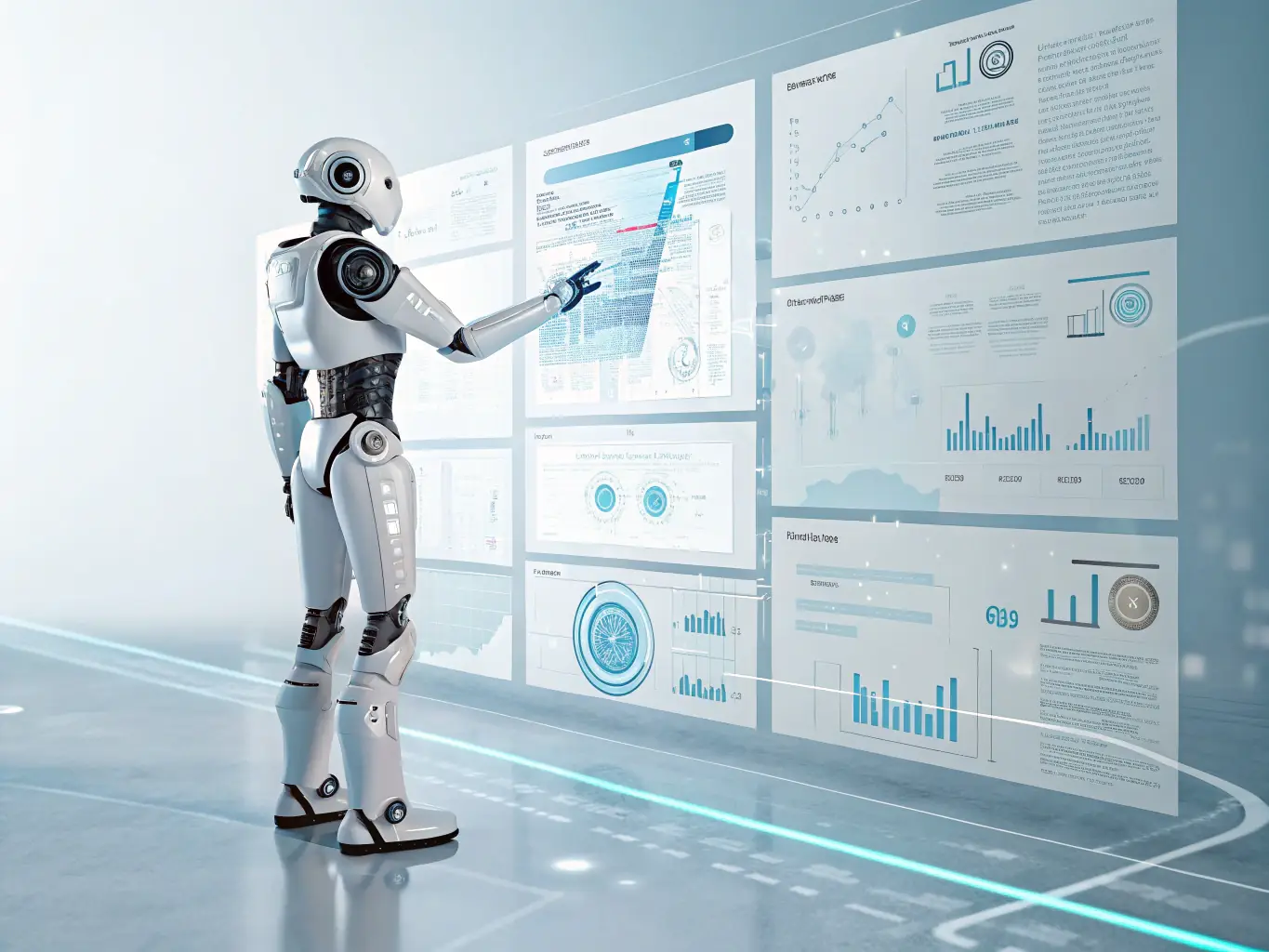 A digital illustration depicting an AI generating marketing content, with various content formats (blog posts, social media updates, email copy) swirling around the AI, symbolizing content generation and optimization.