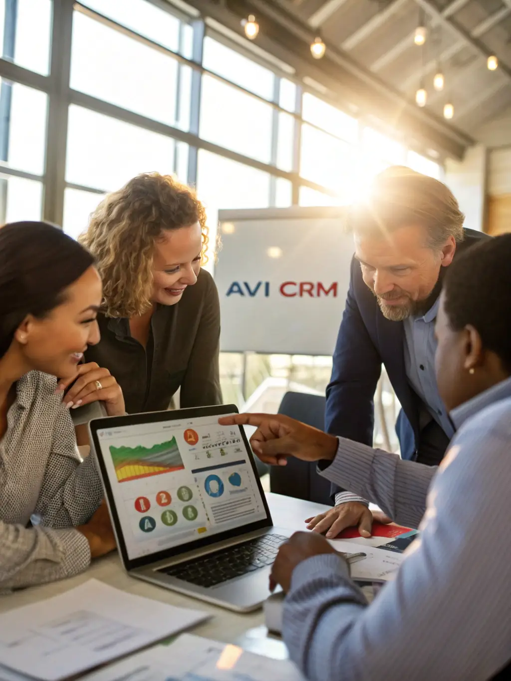 A graphic showing a sales team using a CRM dashboard to track lead interactions across multiple channels, ensuring a unified and informed sales approach.