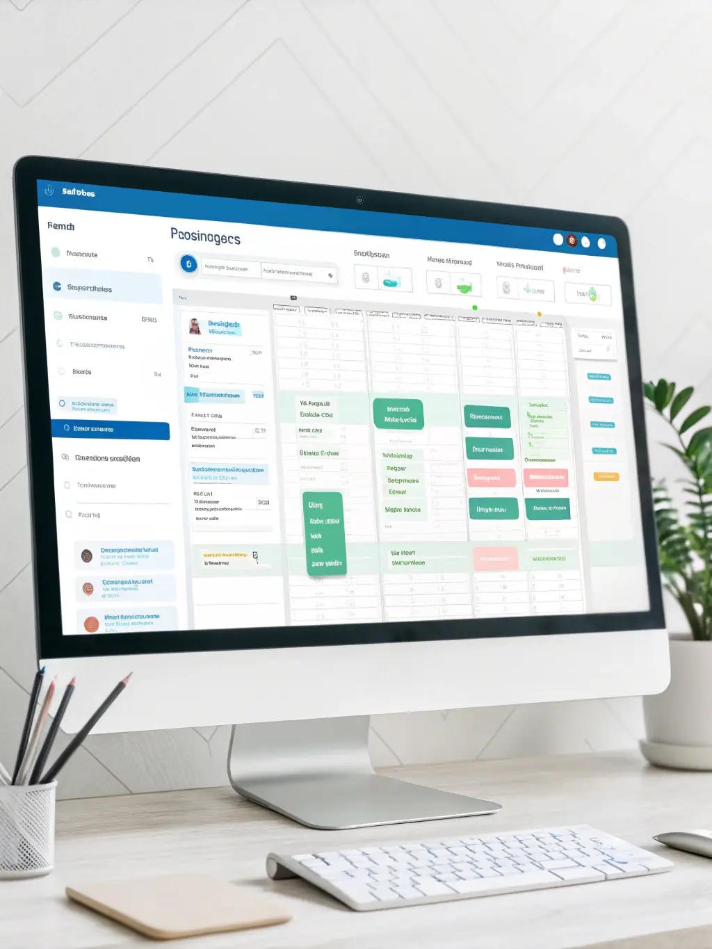 A digital illustration depicting a project management dashboard with AI integration, showing progress bars, data visualizations, and team collaboration icons, set against a clean, modern background.