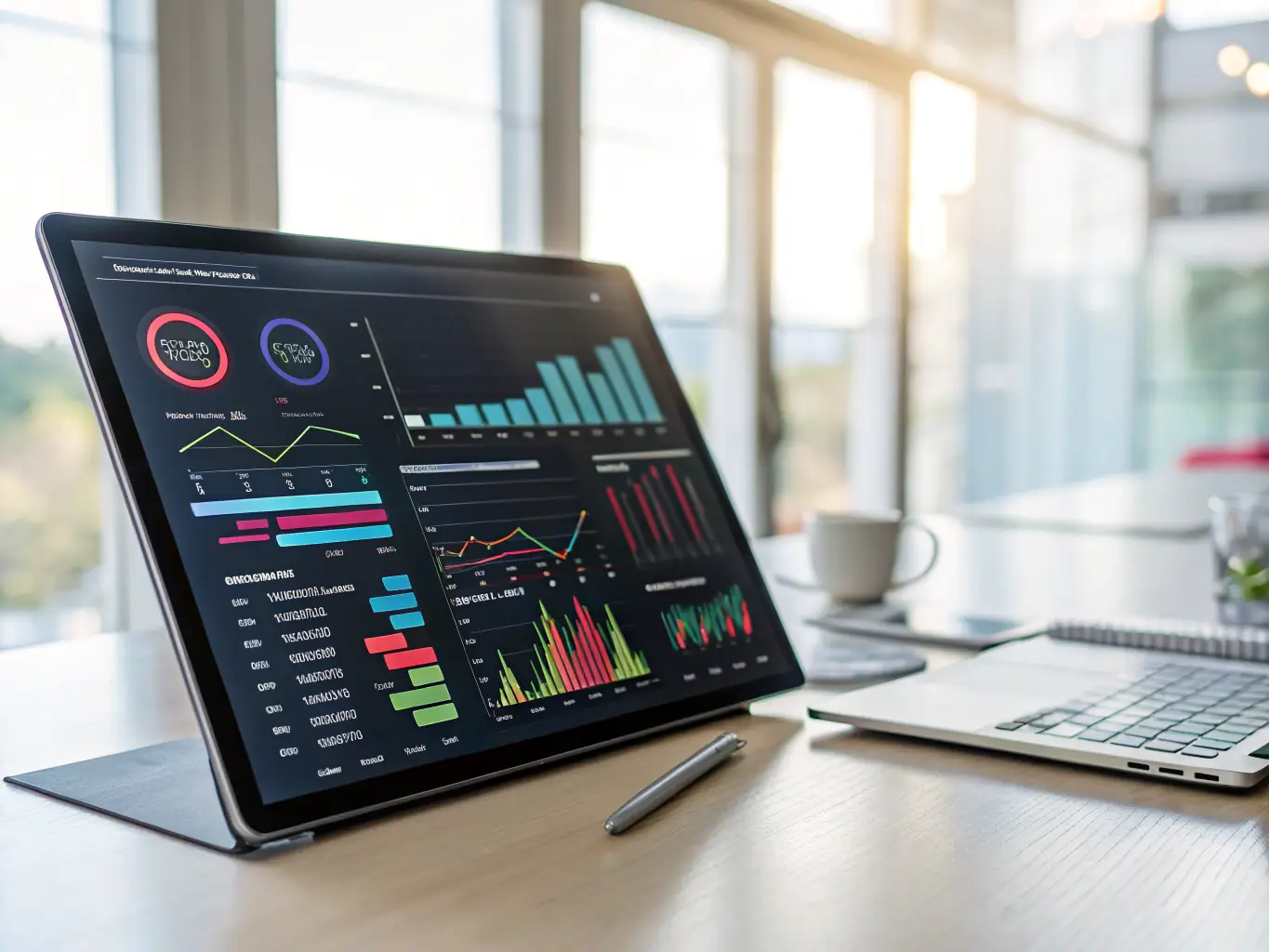 A professional workspace featuring a digital dashboard displaying marketing analytics, highlighting key performance indicators (KPIs) and efficiency metrics achieved through AI-driven automation.