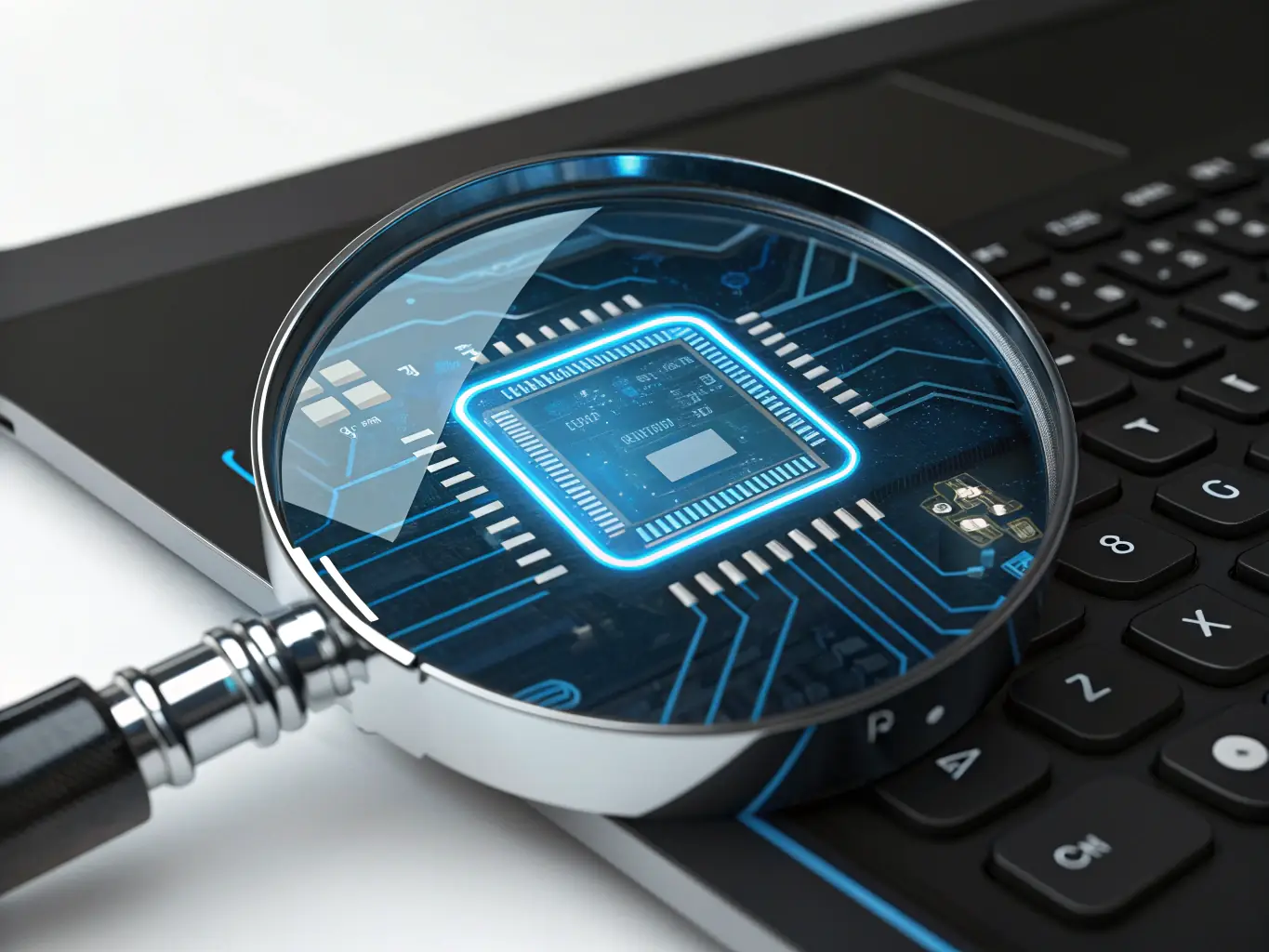 A stylized icon representing a magnifying glass examining website code, symbolizing a technical SEO audit for a B2B SaaS company.