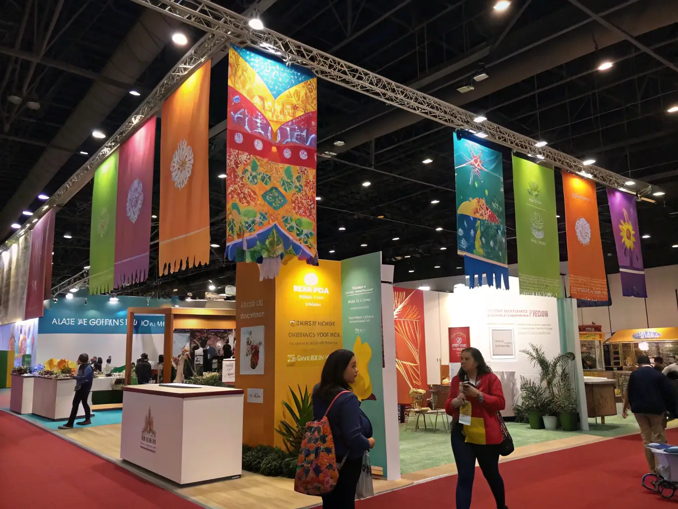 A photograph of a modern and engaging trade show booth, showcasing interactive displays and professional staff actively engaging with attendees, with a focus on lead capture and brand representation.