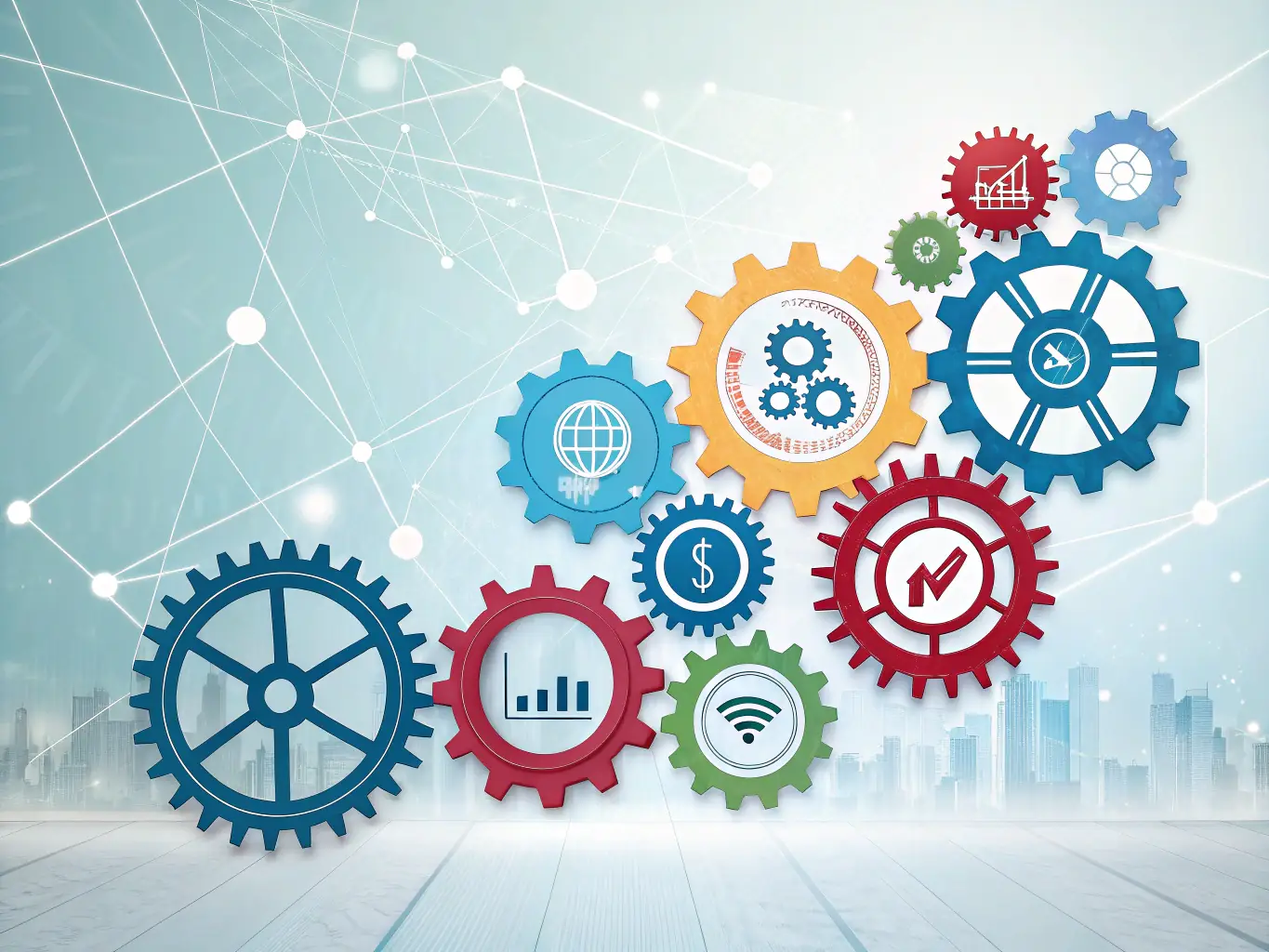 An abstract representation of a MarTech stack, visualized as a series of interconnected gears and cogs, each representing a different marketing technology tool, working together harmoniously to drive business growth and achieve strategic objectives.