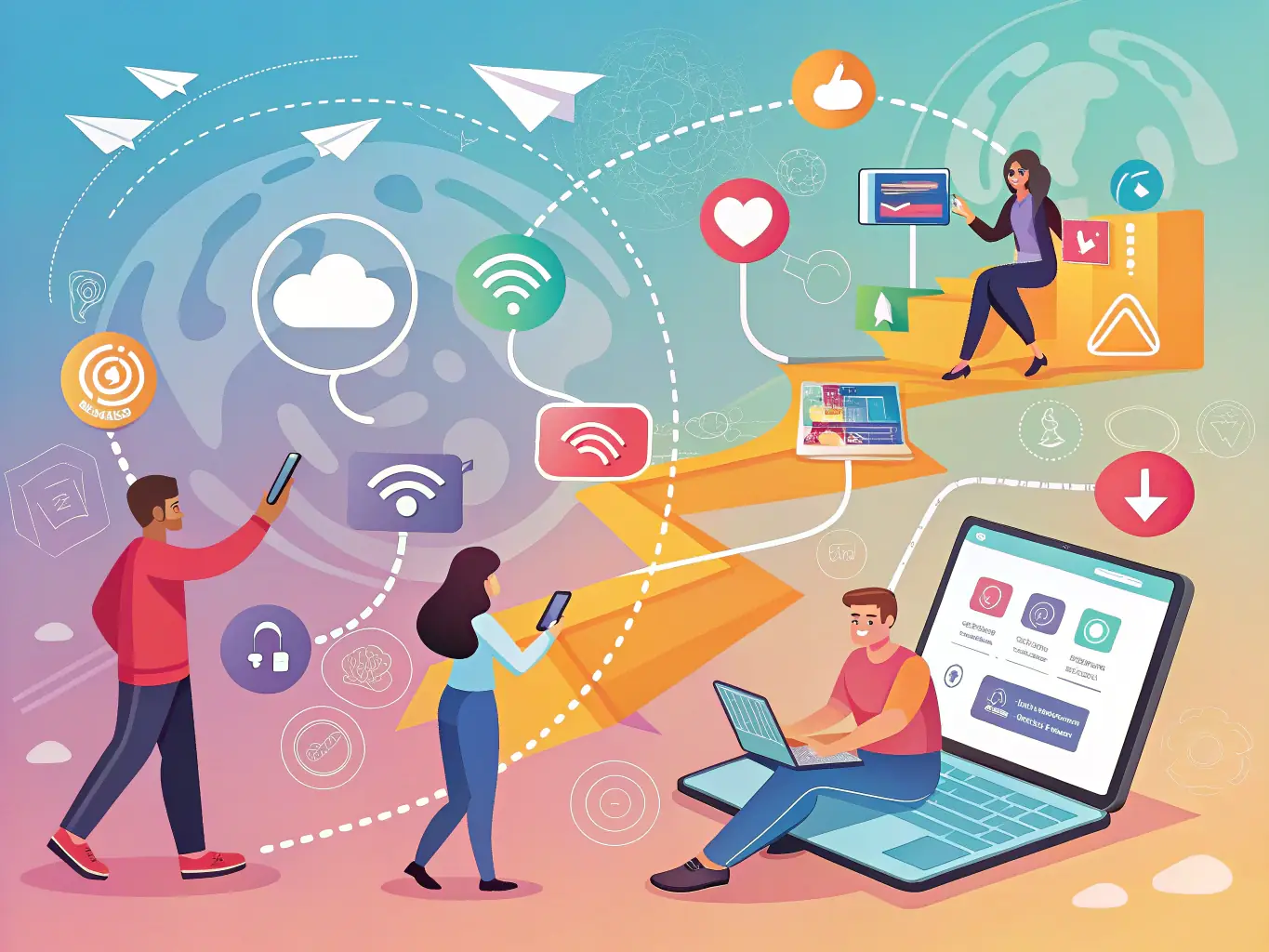 A stylized icon representing a customer journey map, showing various touchpoints and interactions across different channels, symbolizing the process of understanding and optimizing the customer experience.
