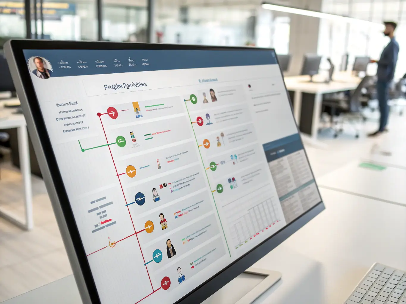 A digital illustration depicting a project management timeline with icons representing pre-event planning, including targeting, promotion, and registration, set against a clean, modern background.