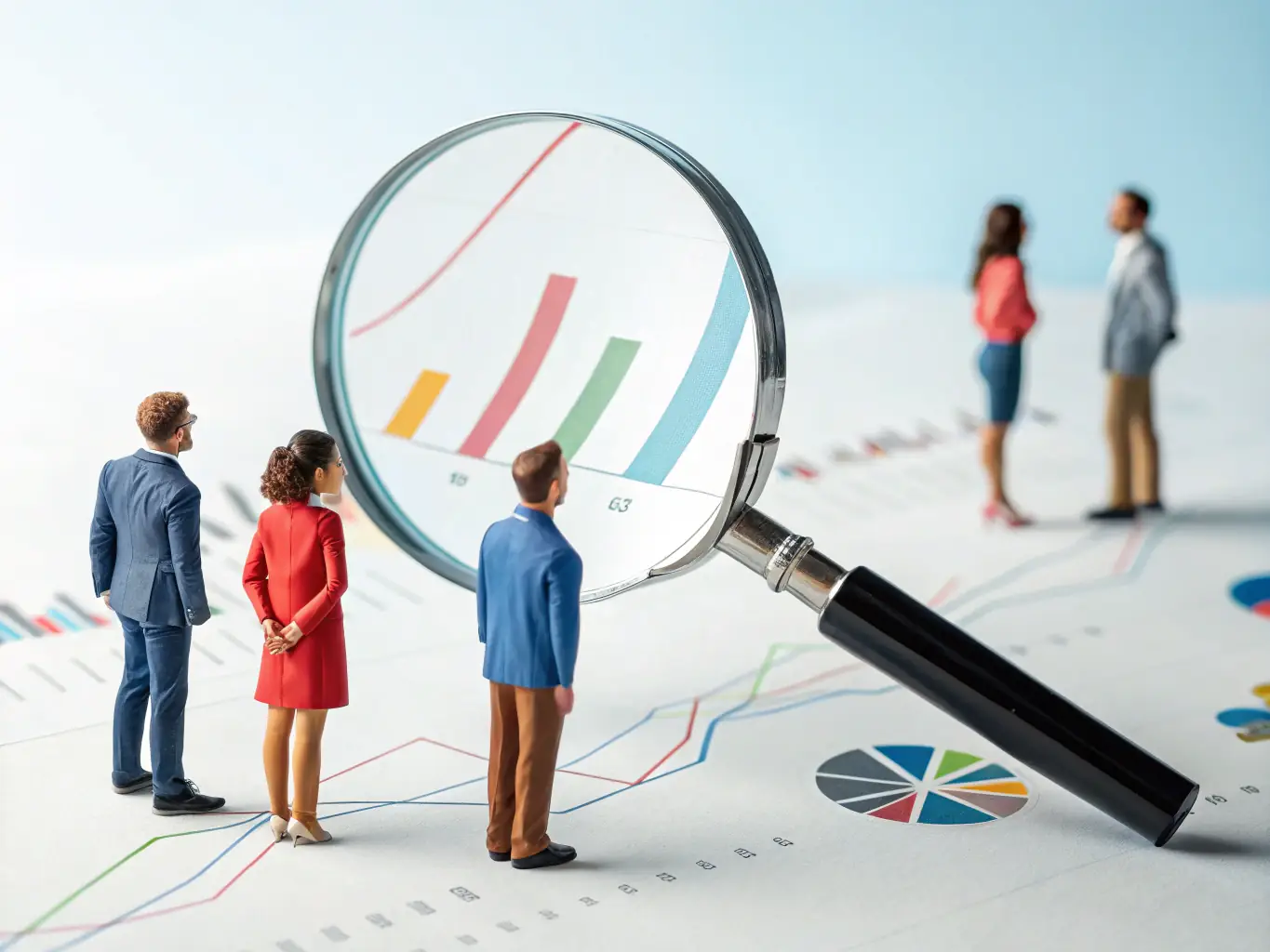 A digital illustration showing a magnifying glass focusing on a group of diverse individuals, symbolizing audience targeting in GTM Stack's paid advertising strategy. Data points and charts surround the image.