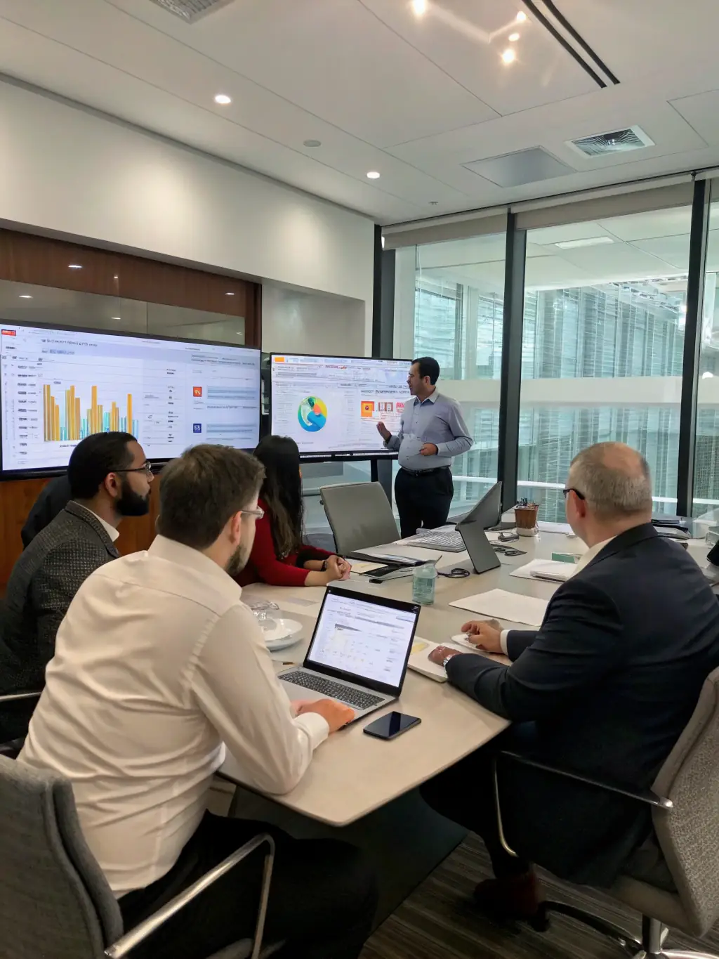 A strategic planning session with GTM Stack consultants, showcasing the development of a go-to-market architecture on a whiteboard, surrounded by data visualizations and market analysis reports.