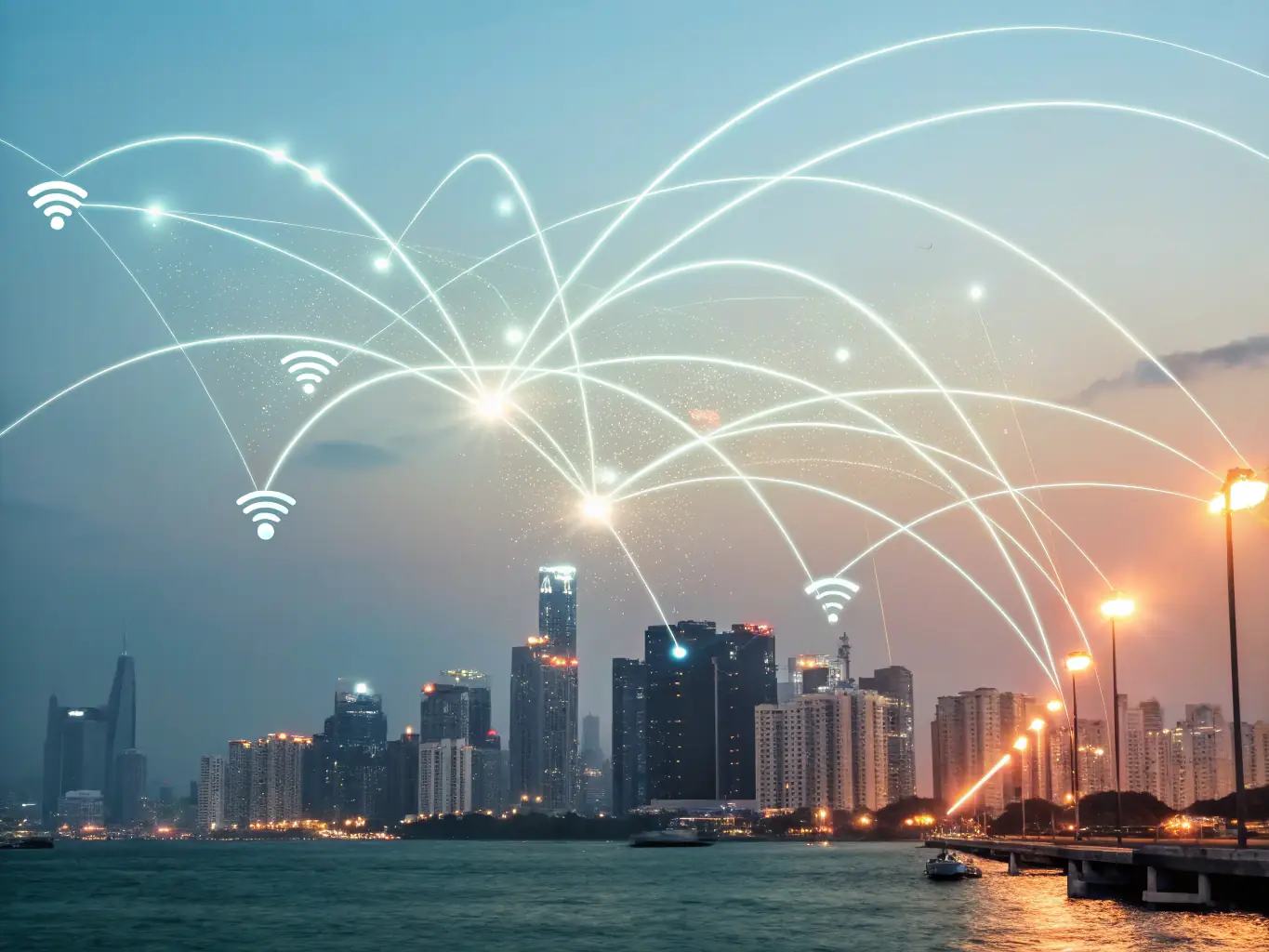 A professional abstract image representing enterprise telecom solutions, showcasing interconnected network nodes and data flow within a corporate environment.