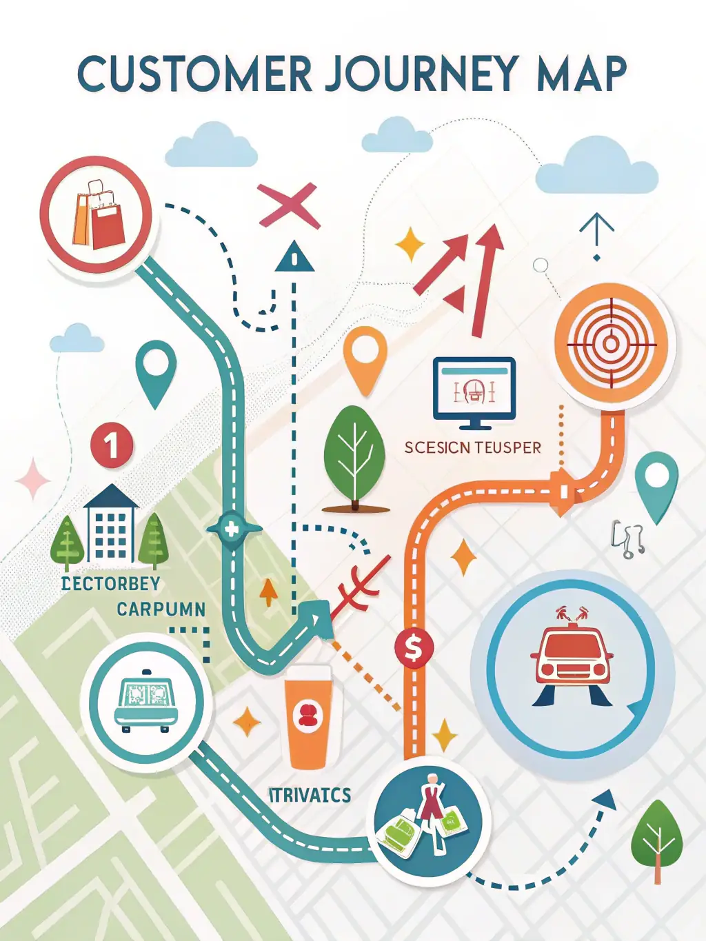A stylized icon representing a customer journey map, showing various touchpoints and stages of the customer lifecycle, used to illustrate GTM Stack's journey mapping service.