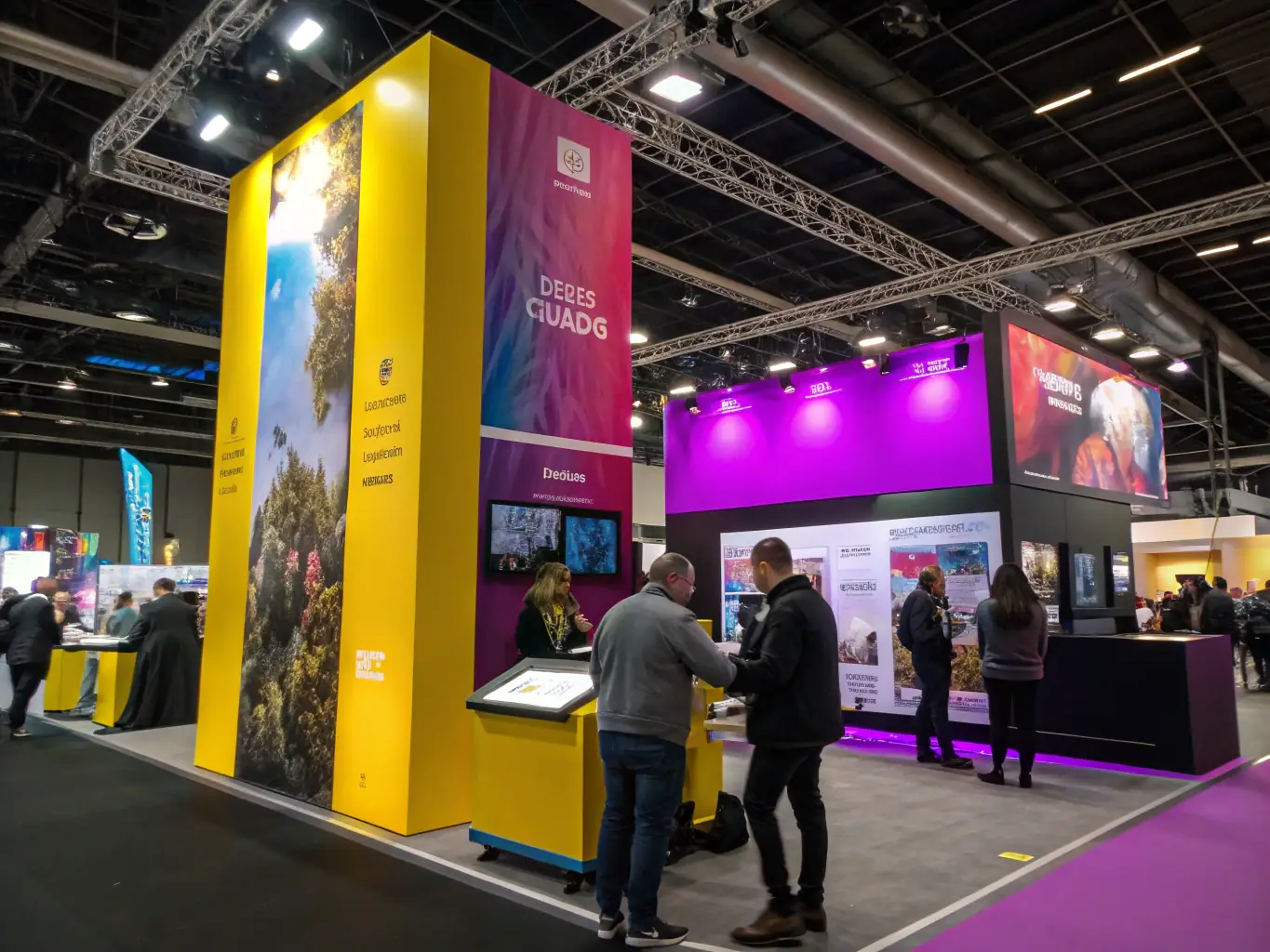 A photograph showcasing an engaging and interactive booth design at a B2B trade show, with attendees actively participating in a product demonstration.