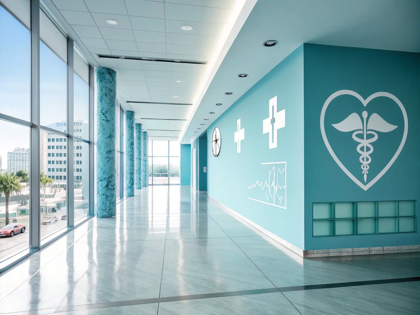 A stylized icon representing the healthcare industry, such as a medical cross or a heart rate monitor, set against a clean, modern background with deep blue accents.