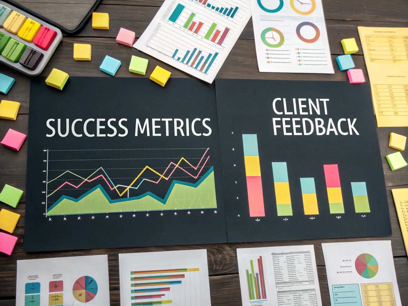 Abstract illustration representing successful outcomes, with upward trending graphs, checkmarks, and celebratory elements symbolizing proven results.