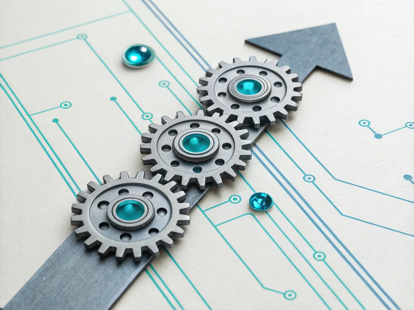 A structured icon representing Marketing Operations within the financial services sector. The icon should convey efficiency and integration, possibly using interlocking gears and abstract representations of data systems.