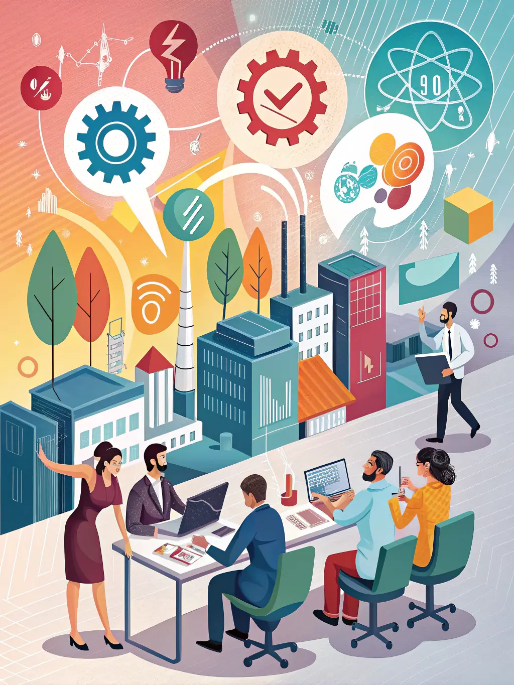 An abstract infographic showing different industry icons connected by strategic flow lines, representing GTM Stack's Industry-Specific Consulting service.