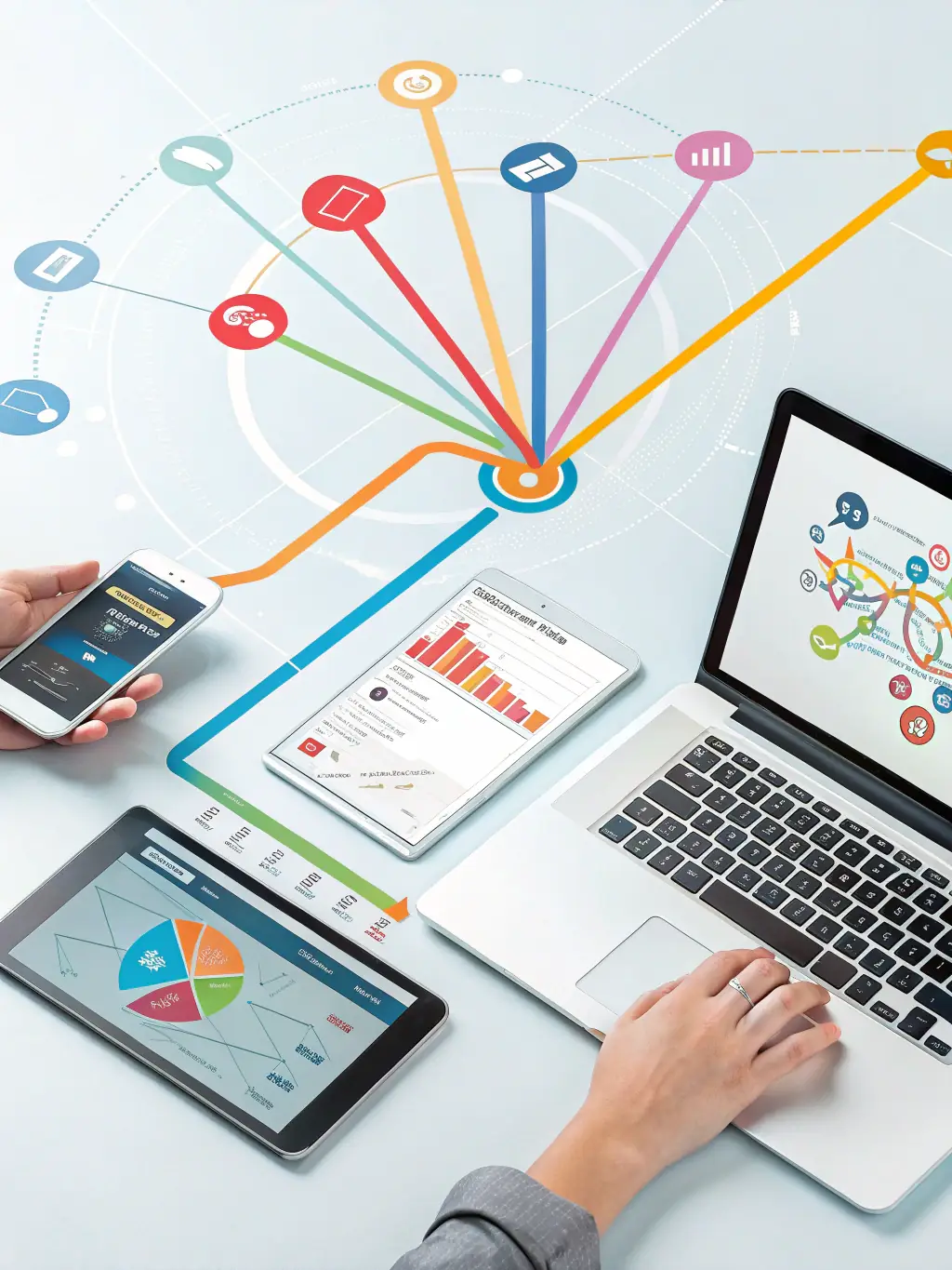A multi-touch attribution model visualization, illustrating how different marketing channels contribute to customer conversions and revenue generation for a B2B SaaS business.