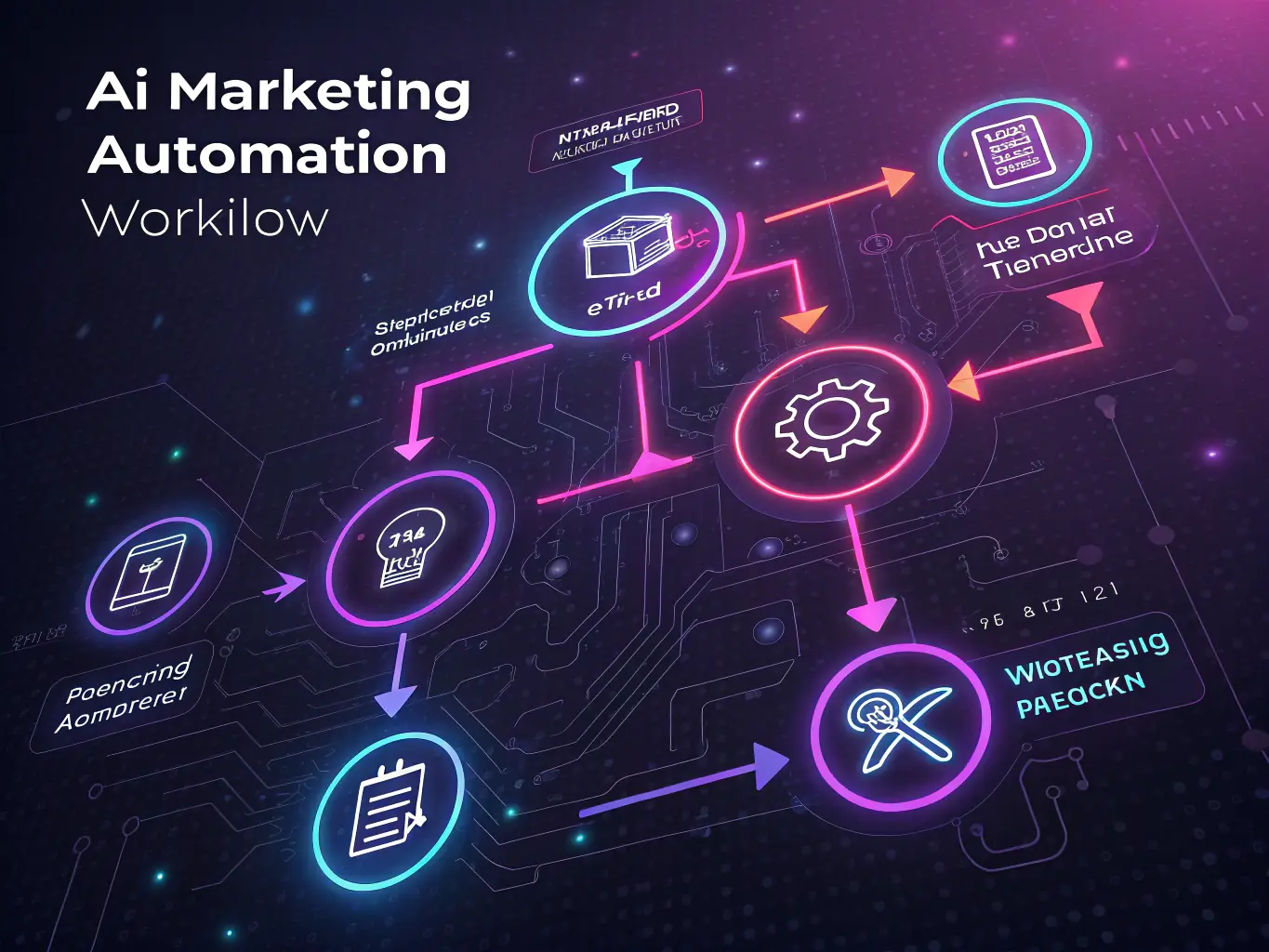 An abstract graphic showing interconnected nodes representing marketing automation tools and their relationship to overall strategy.