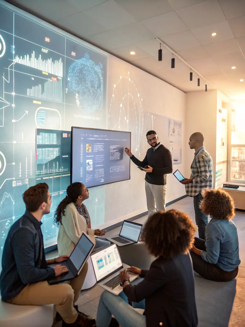 A diverse team of GTM Stack consultants collaborating on industry-specific strategies, with visual representations of various sectors like SaaS, FinTech, and HealthTech.