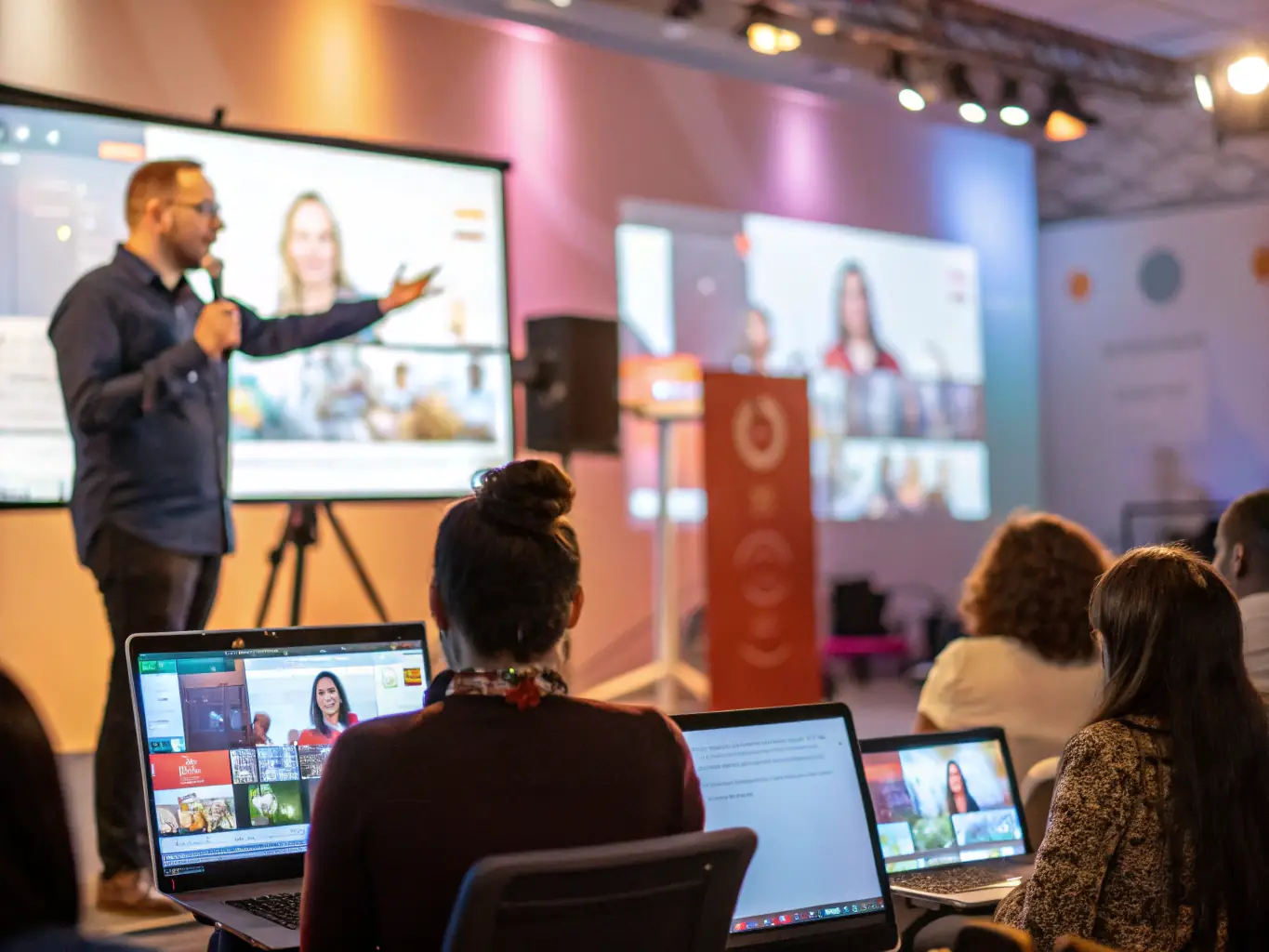 A dynamic webinar scene displayed on a laptop screen, featuring an engaging presenter and interactive Q&A session with virtual attendees.