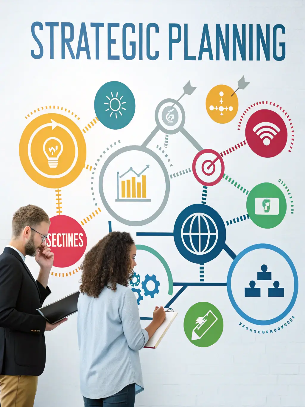 A stylized icon representing strategic planning, with interconnected nodes and arrows, symbolizing the development of comprehensive marketing strategies for B2B SaaS companies.