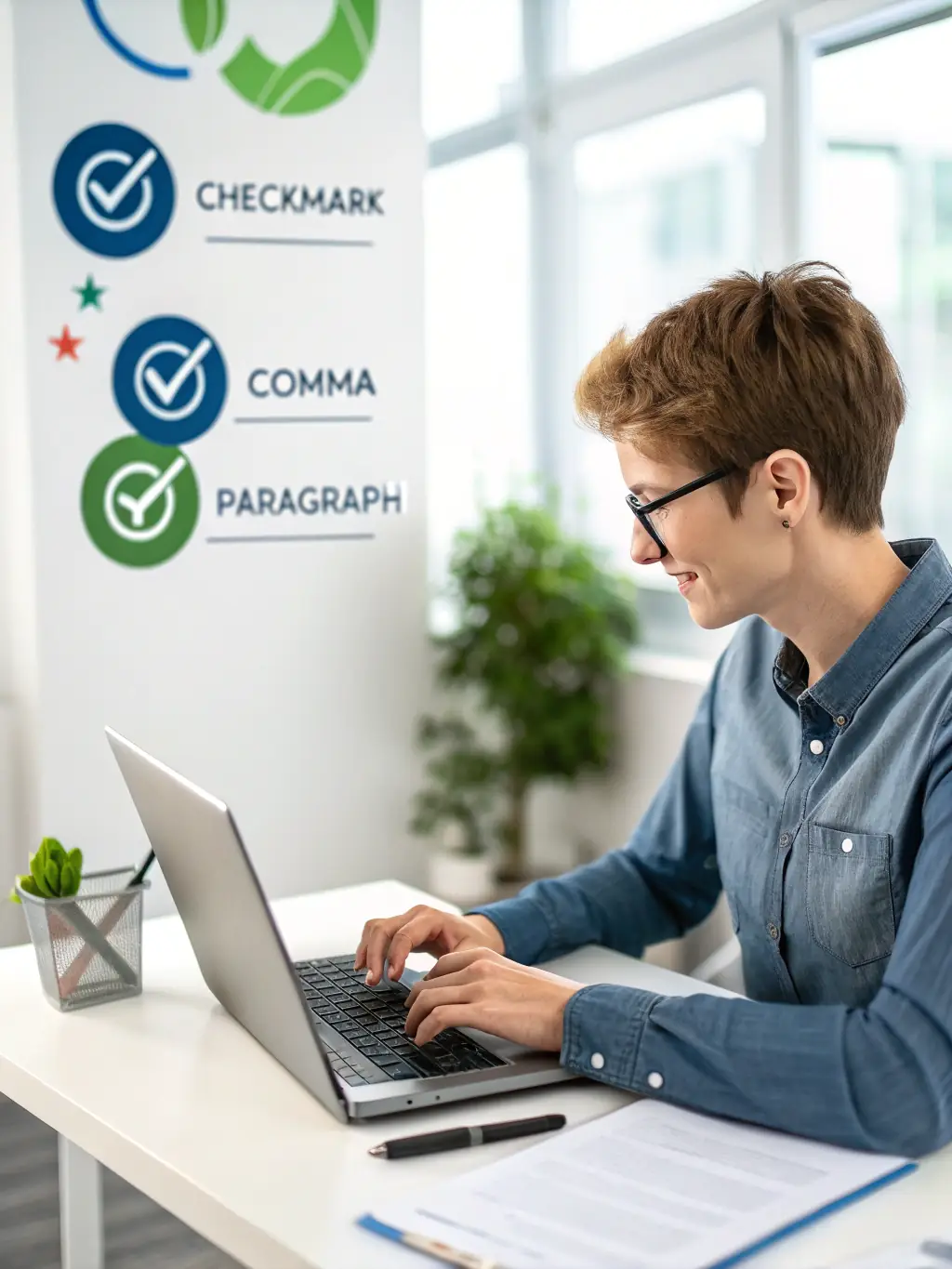 A content creator developing a thought leadership article on a laptop, with a focus on providing valuable insights and solutions for a specific B2B industry challenge.