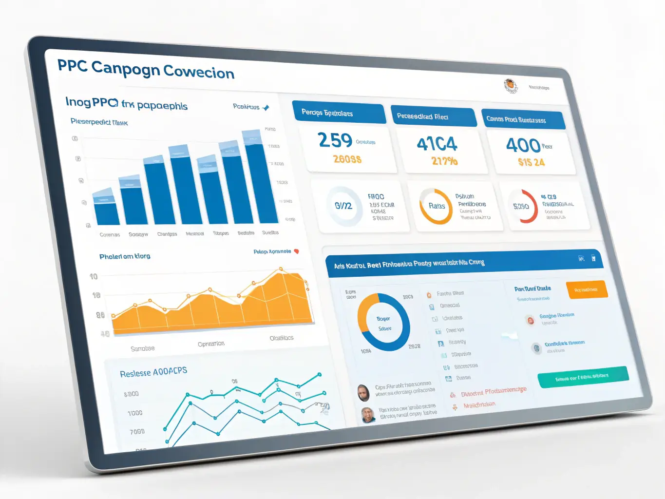 A digital illustration of a campaign dashboard displaying various ad creatives and performance metrics, representing the campaign building and creative testing phases of GTM Stack's paid advertising approach.