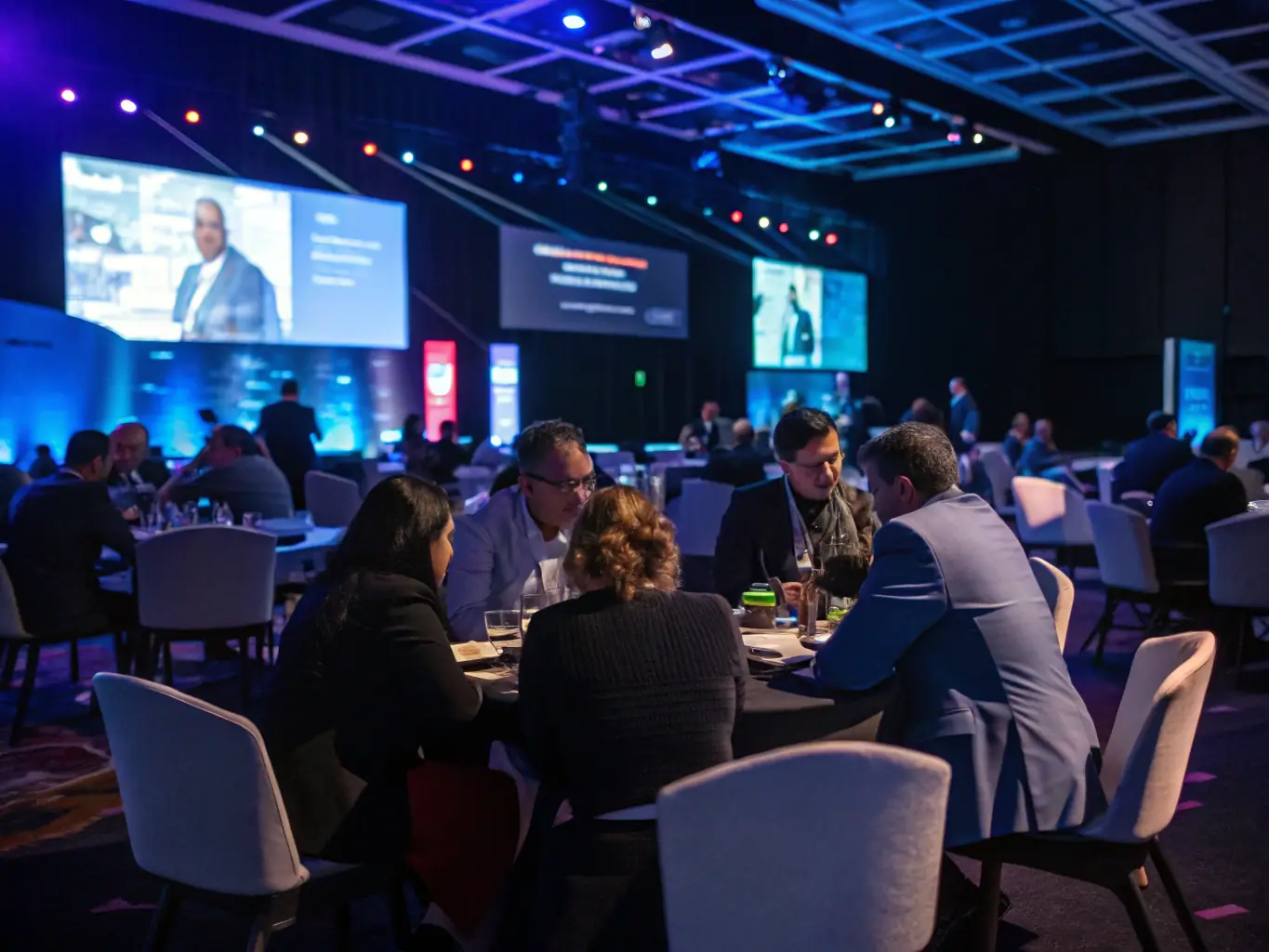 A digital illustration showcasing a vibrant conference hall filled with attendees, representing event marketing expertise in the manufacturing sector. The image emphasizes networking and knowledge sharing.
