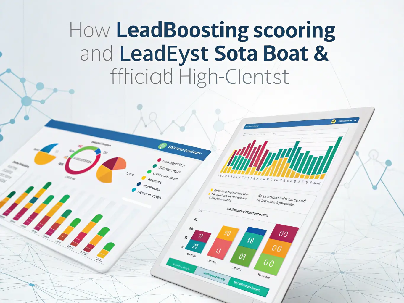 A data visualization showing predictive analytics and lead scoring, with lines and charts highlighting potential leads and their likelihood to convert, set against a background of marketing data.