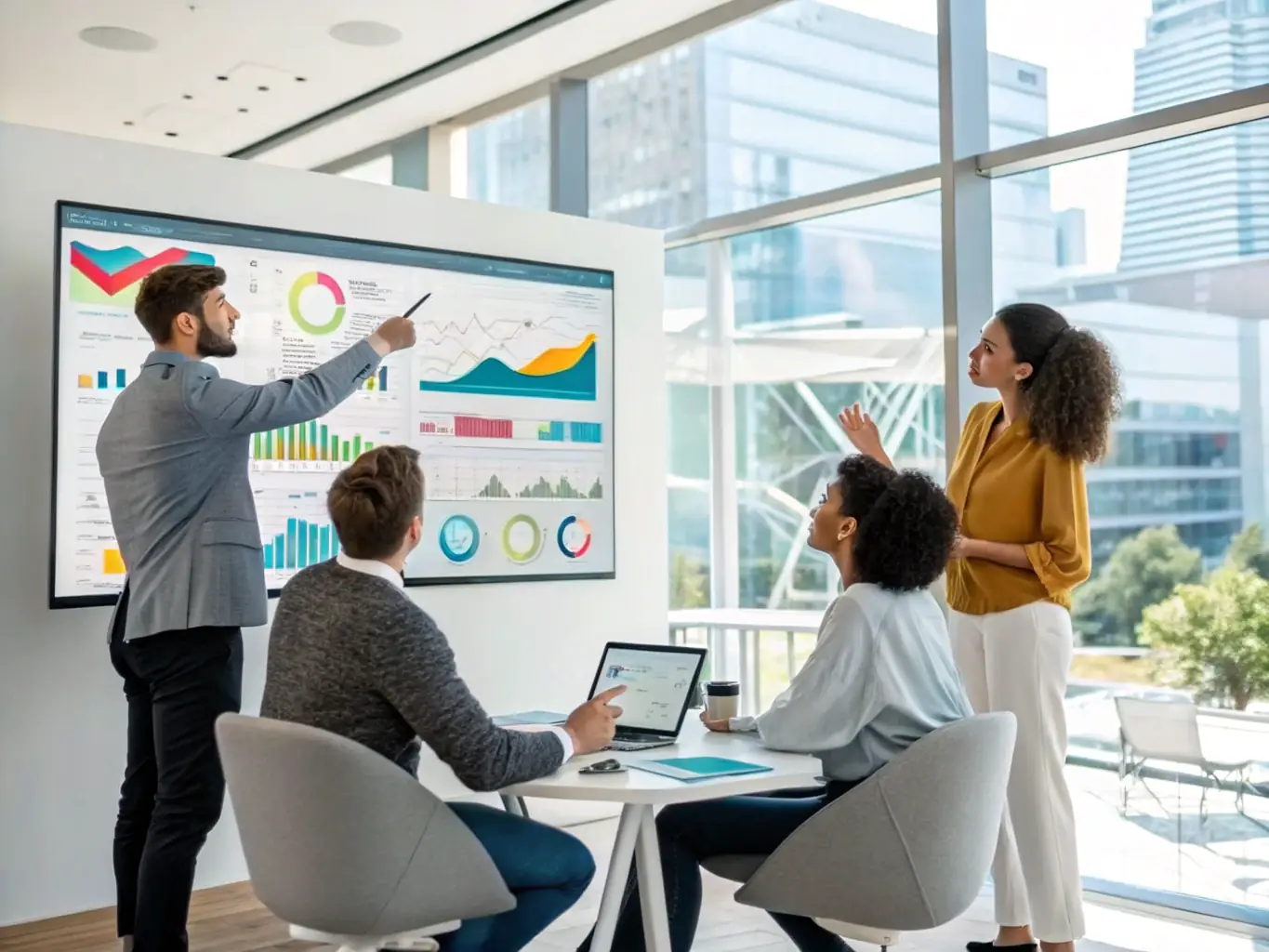 A team of marketing professionals collaborating around a large screen displaying a cluster campaign strategy, using data analytics and customer insights to tailor their approach for a select group of key accounts.