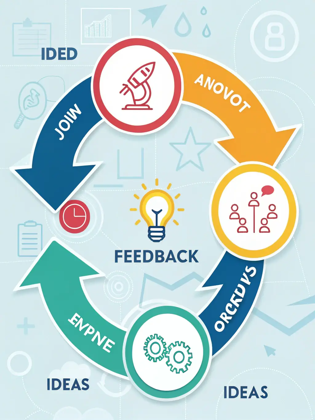 A visual representation of continuous optimization, showing a feedback loop with data analysis, model refinement, and performance improvement, using energetic orange accents.