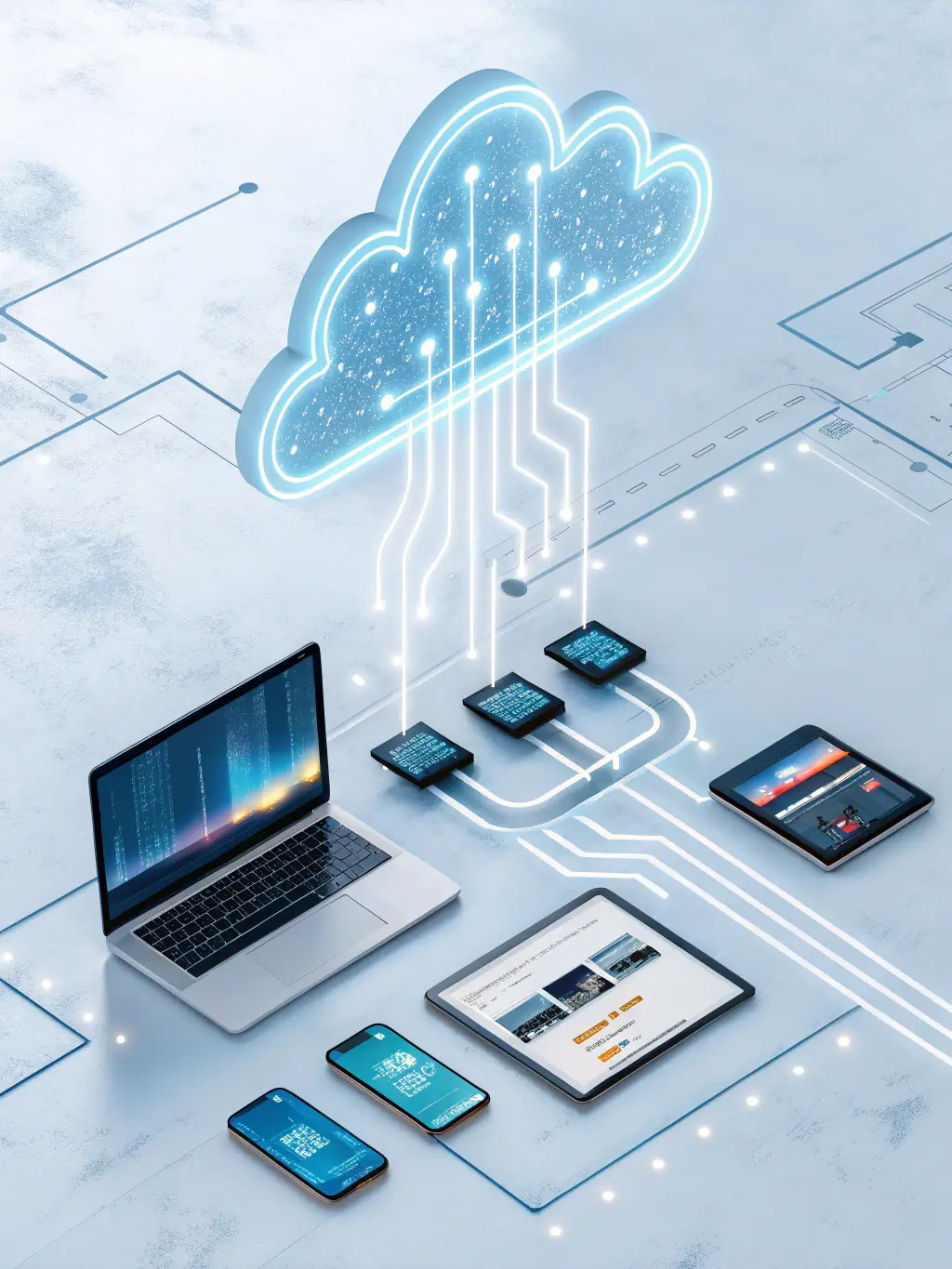 A dynamic image of interconnected devices and data streams, illustrating the IoT sector.