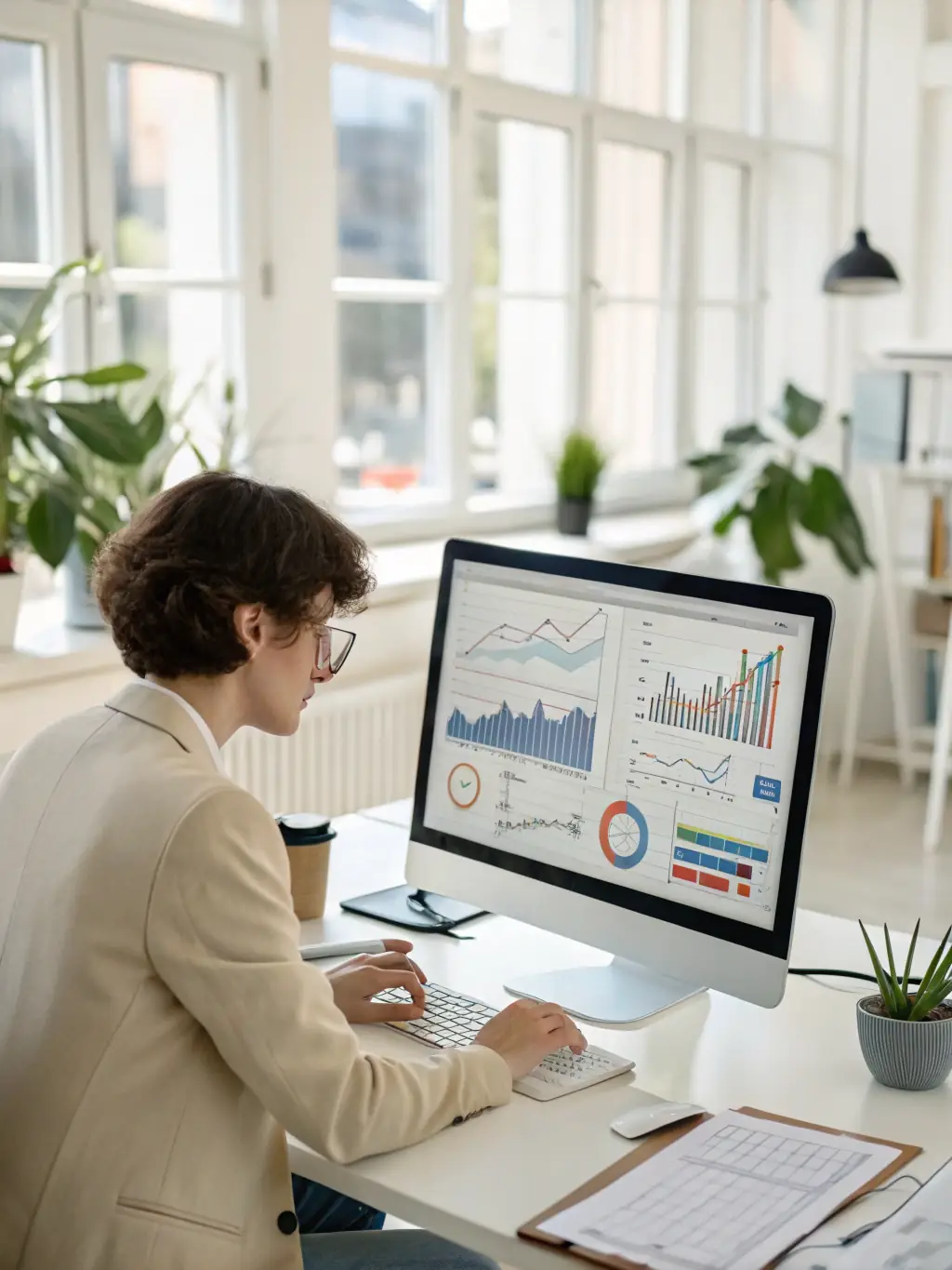 A data analyst reviewing survey results on a computer screen, highlighting quantitative findings.